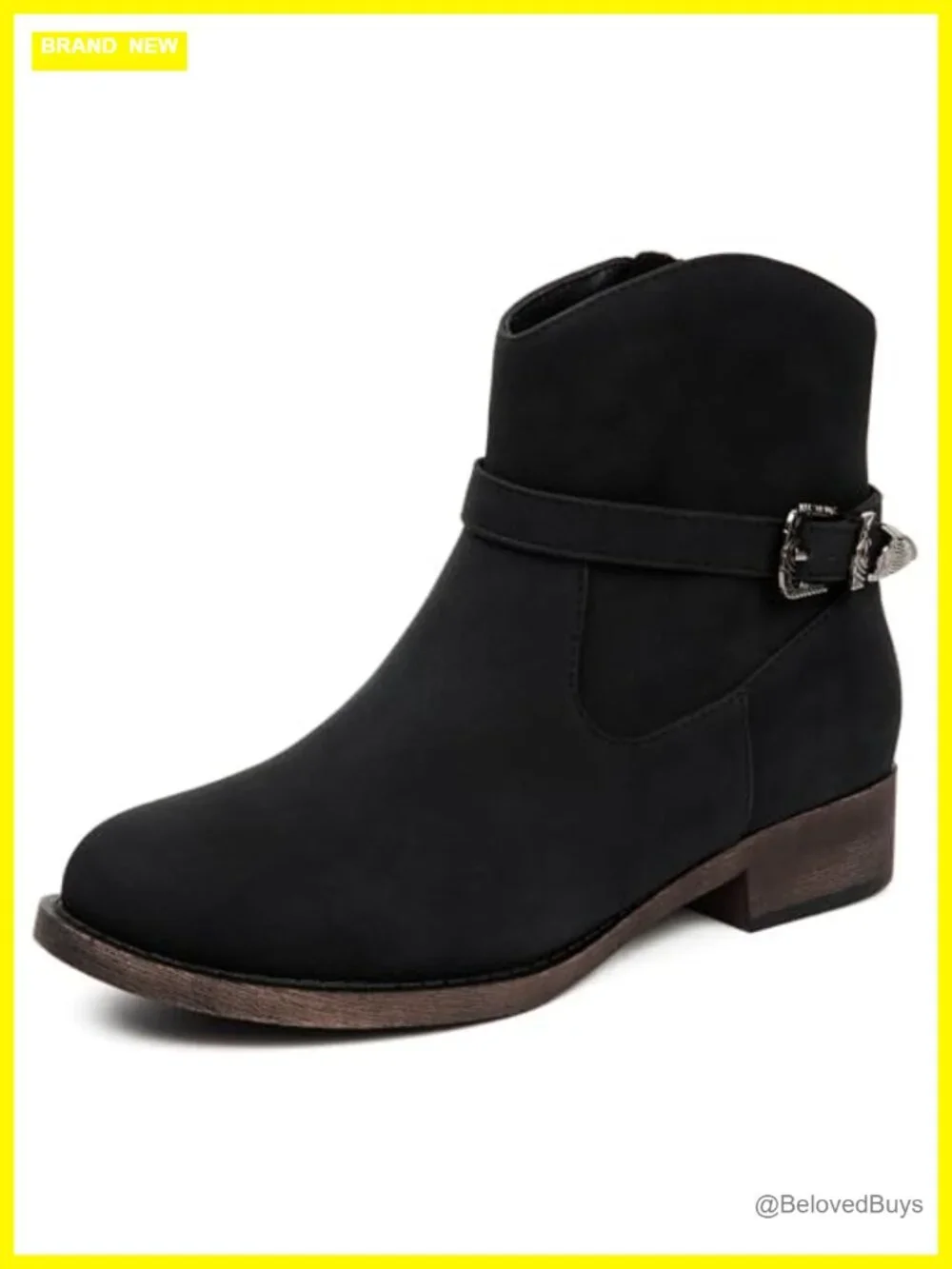 Women's Western Ankle Boots Low Chunky Heel Side Zipper Faux Leather